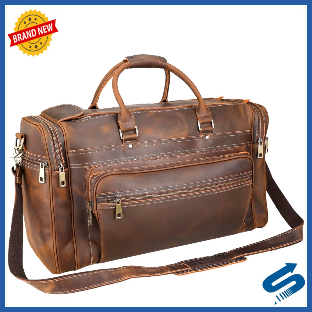 24" Full Grain Leather Duffel Weekender Travel Bag With Ykk Zippers